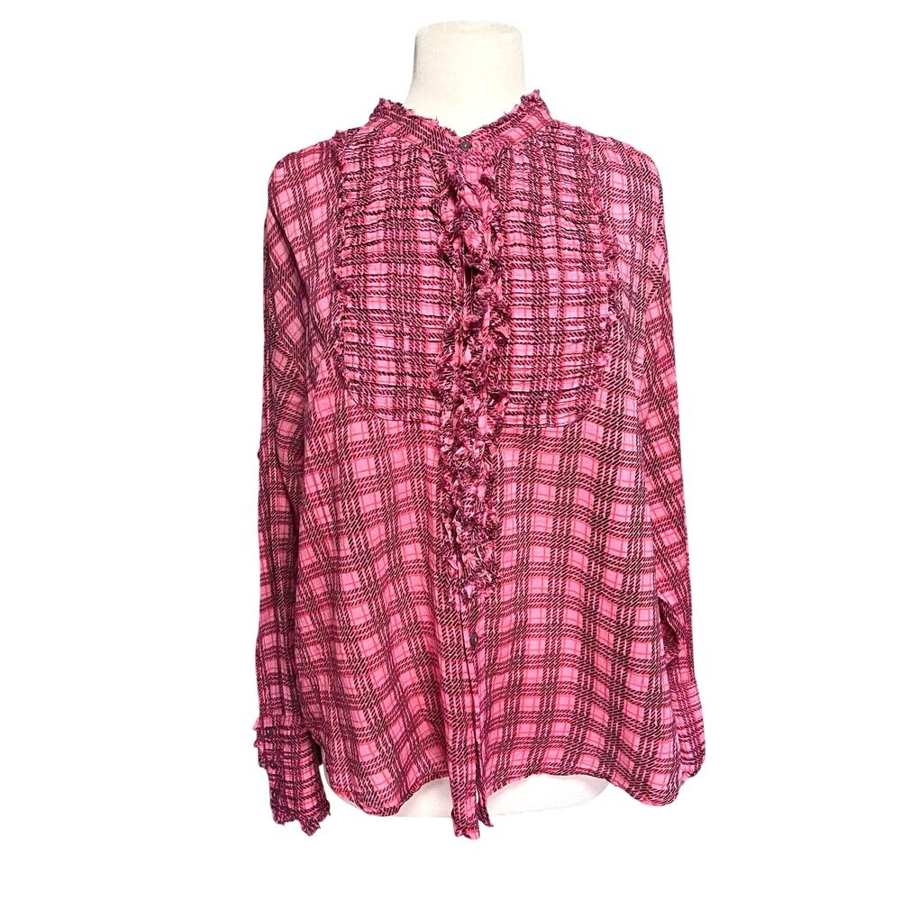 FREE PEOPLE ONE Women’s Boho Pink Plaid Mile’s Tuxedo Ruffle Front Top - Picture 3 of 6